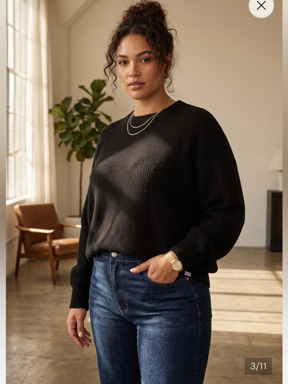 Brunette The Label Classic Black Women's Crewneck Ribbed Sweater Size XL